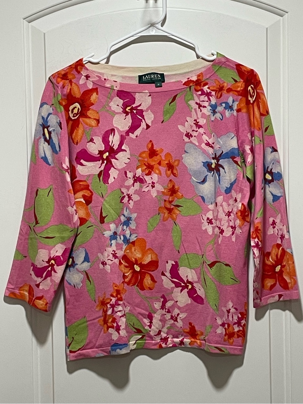 Ralph Lauren Pink Beauty Floral Womens Medium Boat Neck 3/4 Sleeve Sweater